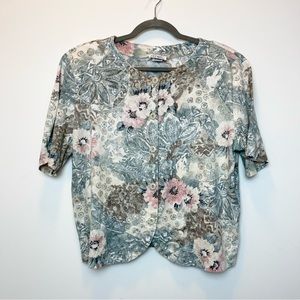 Floral and Abstract Print Plus Size Vintage Knit Button Down Short Sleeve Shirt